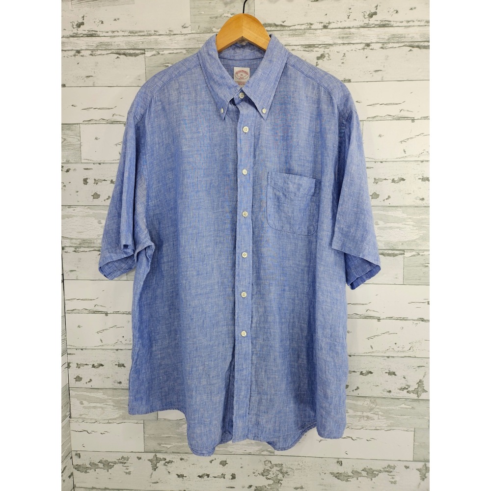 Brooks Brothers 346 Mens XL Blue 100% Linen Short Sleeve Button Down Shirt